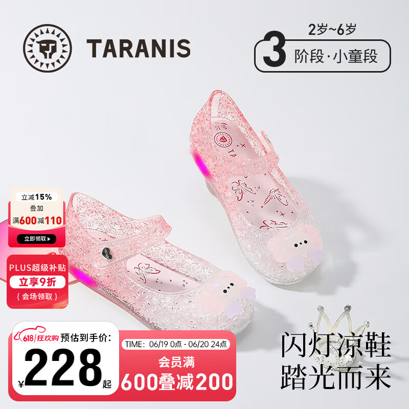 泰兰尼斯公主闪灯鞋水晶鞋果冻鞋缕空凉鞋软底鞋子女童粉色透明鞋 粉/白 29 内长19.0cm适合脚长18.5cm