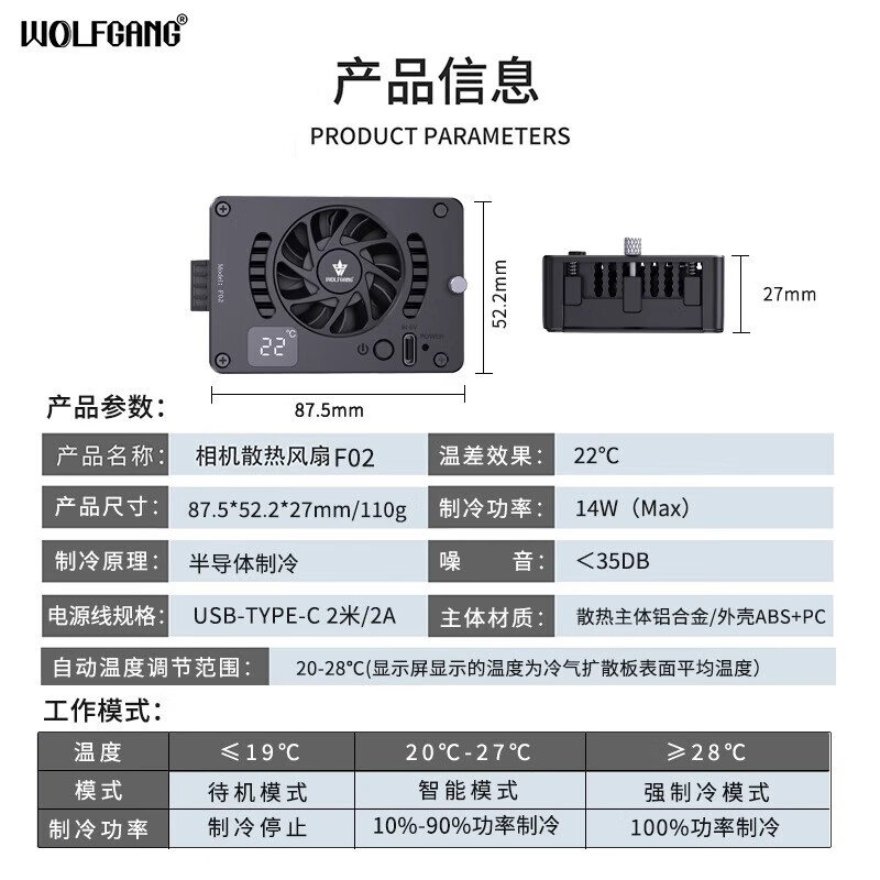 沃尔夫冈(WOLFGANG)相机散热器F02 适用索尼A7M4/ZVE10佳能R5/R6尼康富士微单反视频录制直播拍摄超静音散热降温神器 标配版 【FO2通用版相机/手机散热器】