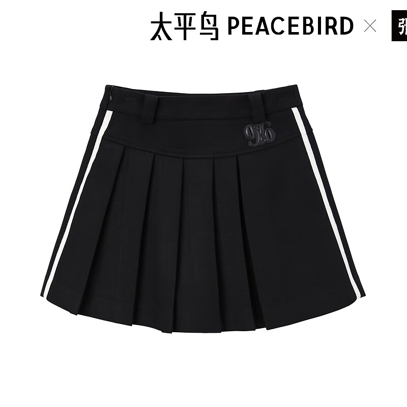 太平鳥女裝半身裙冬季學(xué)院風(fēng)撞邊百褶裙高腰短裙 黑色 XL