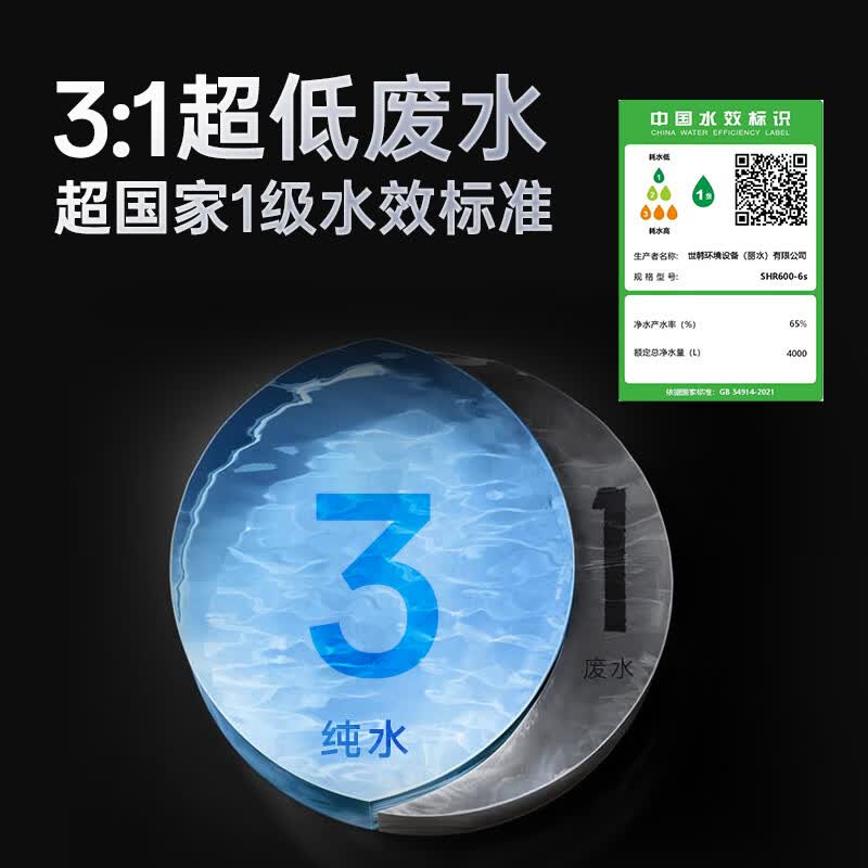 世韩【3:1微废水通用滤芯】6S家用厨房直饮净水器自来水600G大通量RO反渗透纯水机厨下净水机净饮机 富锶矿化净水器5L/分大流量