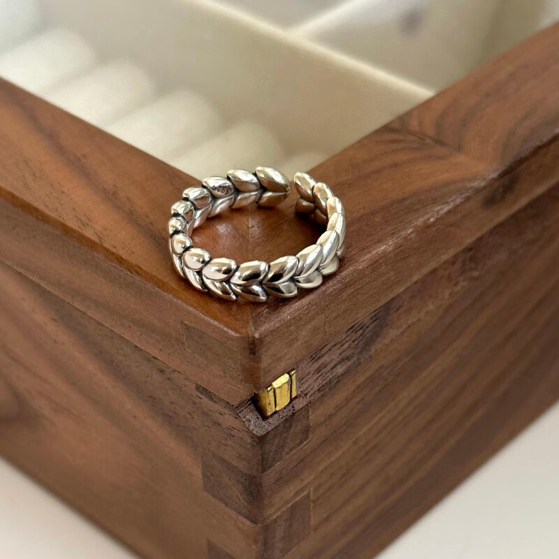 通体S925纯银小众INS风麦穗复古女生简约感气质戒指独特直播 做旧工艺 开口可调节