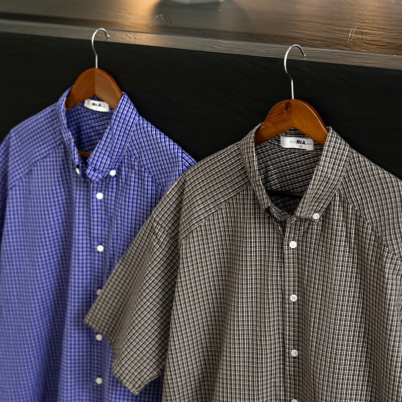 Mr.AIVY格纹短袖衬衫薄款蓝色纯棉休闲宽松半袖衬衣外套男夏 MRA男装  咖色 2XL