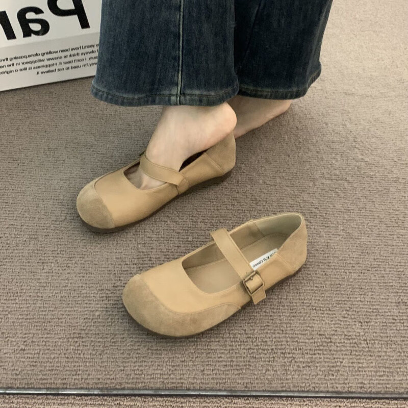 啄木鸟2025法式奶驼圆头磨砂芭蕾舞鞋女外穿春夏软底仙女玛丽珍单鞋 驼色升级版 35