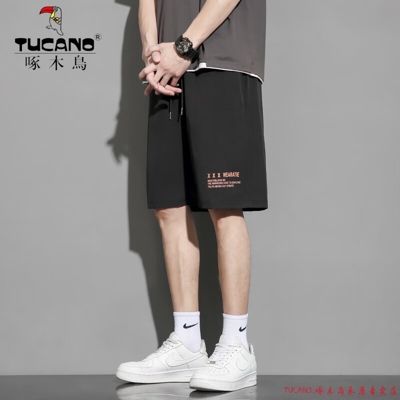 啄木鸟（TUCANO）短裤男夏冰丝薄款外穿速干宽松篮球裤子五分休闲运动裤衩潮中青年 黑色 M