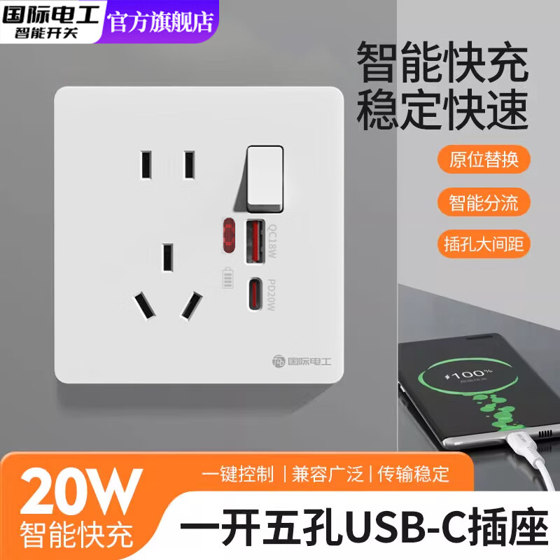 国际电工工地宿舍墙壁86型五孔带双usb插座面板开关家用20W快充typec电源 白色20w一开五孔带USB+Type-C