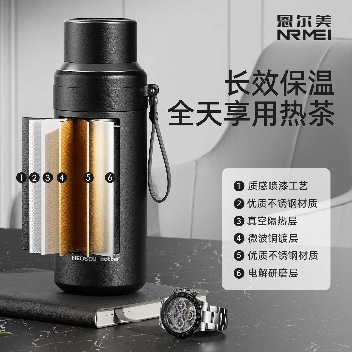 恩尔美(nRMEi)保温杯男款大容量316L不锈钢高档水杯茶水分离商务便携泡茶杯子 商务黑800ml【机械显温+茶滤】 茶水分离+杯盖可倒茶