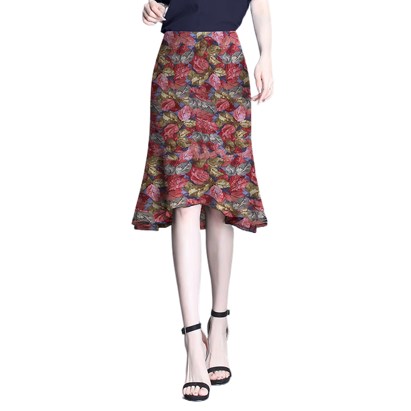 皮爾卡丹（pierre cardin）獨特漂亮碎花半身裙女夏雪紡魚尾短裙小個子半裙高腰顯瘦印花包裙 紅花 3XL 腰圍2尺4