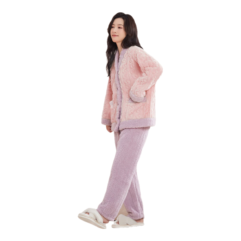 紅豆居家法蘭絨睡衣女冬季撞色提花加厚女士家居服 元?dú)夥?160/84A 
