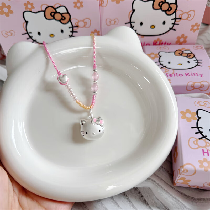 足银999猫头hellokitty纯银凯蒂猫银项链编绳吊坠送女友闺蜜礼物 hellokitty彩色猫+爱心粉绳