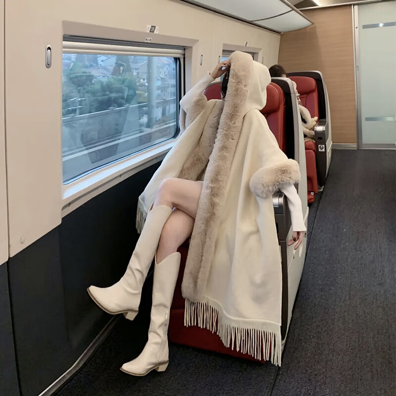针织开衫毛衣外套秋冬新款时尚洋气高档女装毛领披肩两用斗篷可穿 米白色 XL