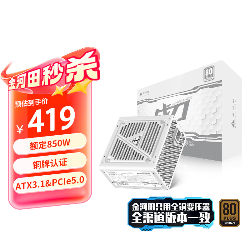 金河田（Golden field）战刀900小白版额定850W ATX3.1 台式电脑电源（铜牌认证/PCIe5.0/SCP短路保护/符合新国标）