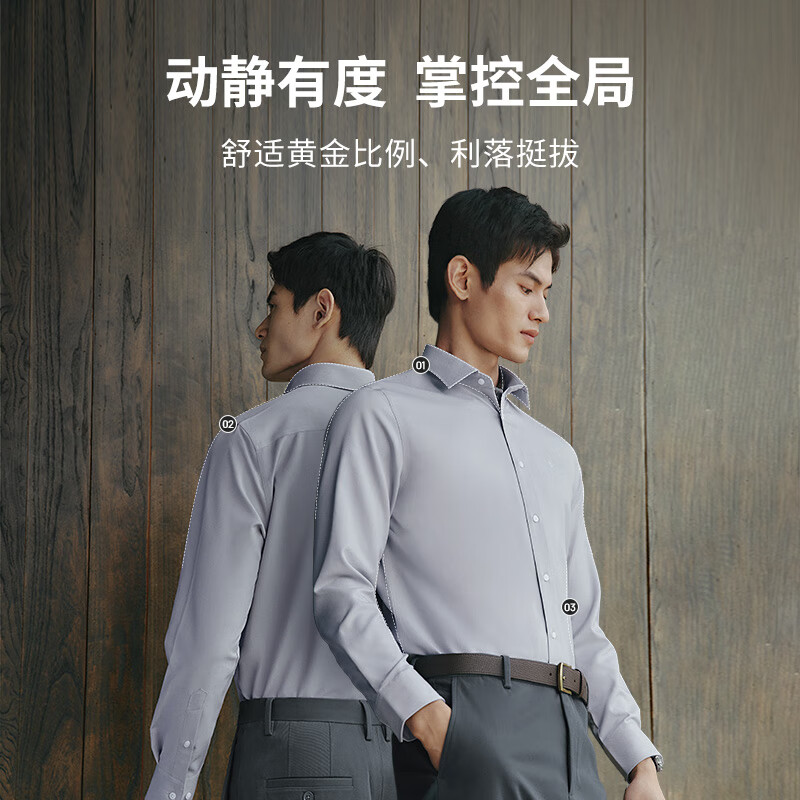 金利来【云感衬衫1.0】秋冬长袖衬衫男弹力抗皱抑菌易打理正装衬衣 灰色-38 2XL 185/100A 推荐165-180斤