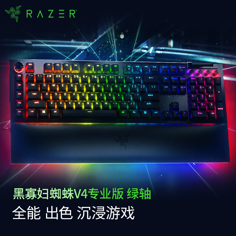 雷蛇（Razer）黑寡妇蜘蛛V4专业版游戏机械键盘 沉浸式RGB灯效带多功能自定义按键旋钮 黑寡妇蜘蛛V4专业版 – 段落绿轴
