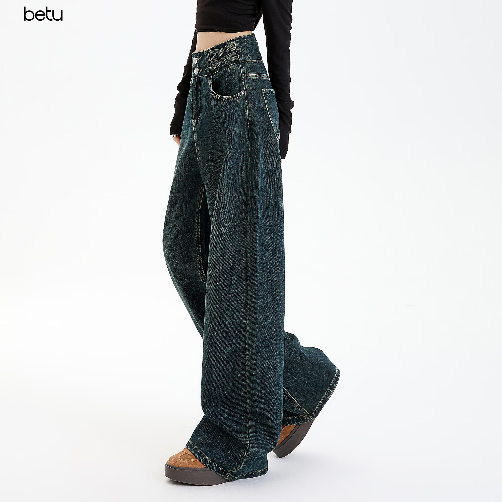 百图betu女装2025秋季新款牛仔阔腿裤腰头拼接高腰显瘦裤子女2508X04 深牛仔蓝 M
