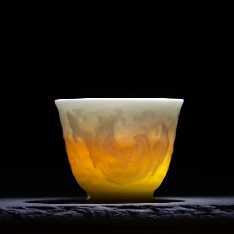 景德镇茶具小号对杯品茗杯功夫茶具陶瓷茶盏套装 浮雕两只装 鱼跃龙门