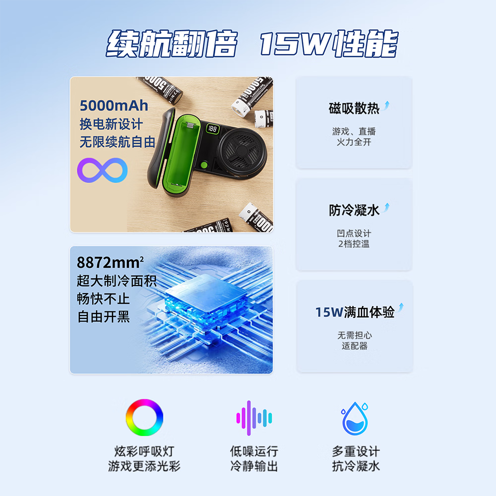 元兔散热器可换电池5000mAh 离线手机散热器 15W磁吸半导体降温神器游戏直播 长续航 离线 21700电池 电竞黑|5000mAh(1颗电池)