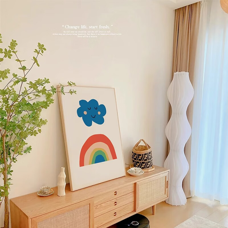 顺吉祥利北欧小清新餐厅挂画治愈系彩虹卧室装饰画ins原木风儿童房间壁画 Z1822 70*100cm（单幅） 木纹色外框 高清油画布画面（肌理哑光效果）