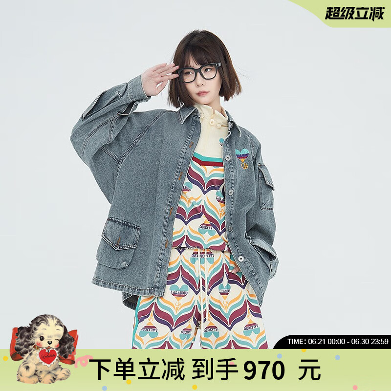 LALABOBO【设计师潮牌】春新四叶草老花口袋休闲牛仔外套LBCC-WSJW11 中蓝白 M