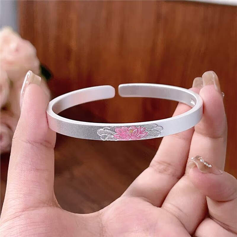 珐琅彩莲花纯银手镯女新中式古法实心开口9999足银镯子荷花 30描金吉言猫 【送证书精