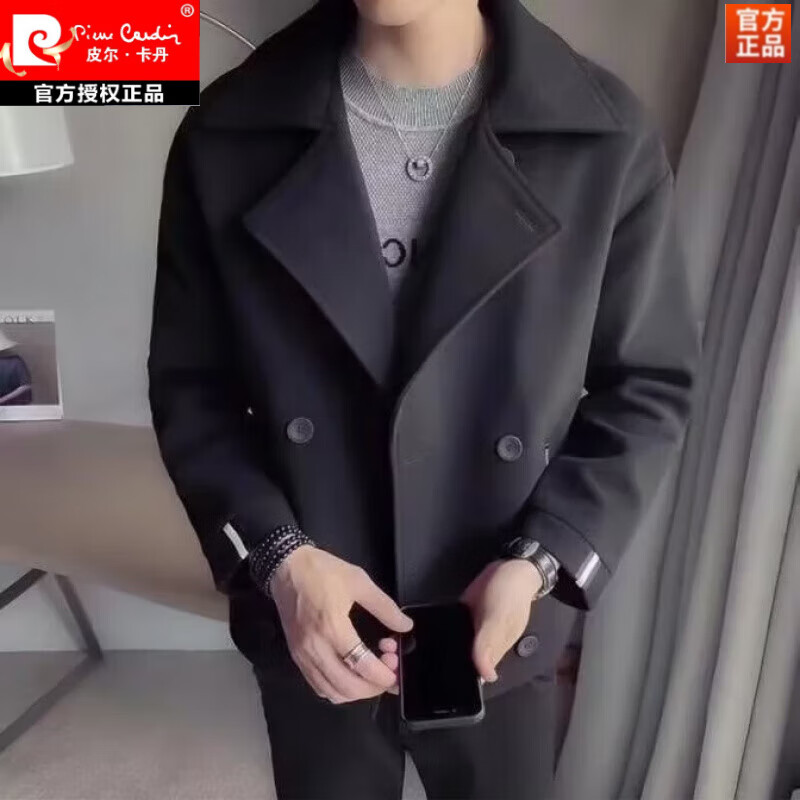 皮尔卡丹（pierre cardin）毛呢外套男士秋冬季短款加厚呢子大衣潮牌翻领夹克韩版潮流风衣男 绿色 3XL