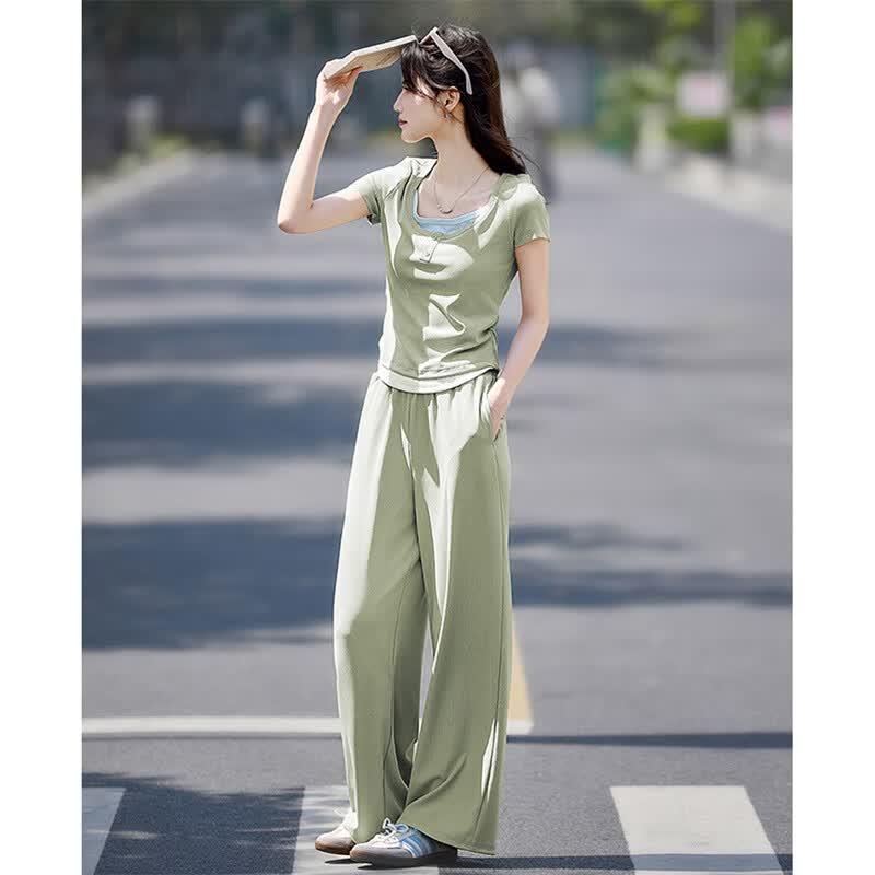 尚静休闲套装女夏季新款女装拼接撞色短袖T恤上衣宽松直筒裤两件套女 绿色+白色 M
