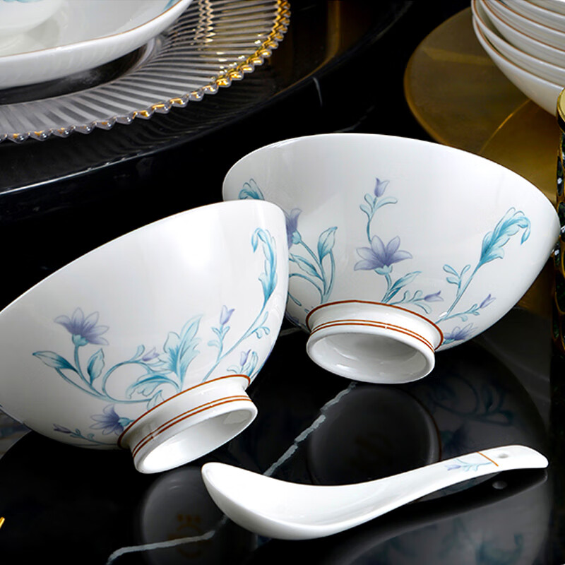 京峰阁 碗盘餐具整套碗具套装 景德镇陶瓷碗盘碟勺子家用中式乔迁礼物 碧蔓青华骨瓷餐具礼盒装