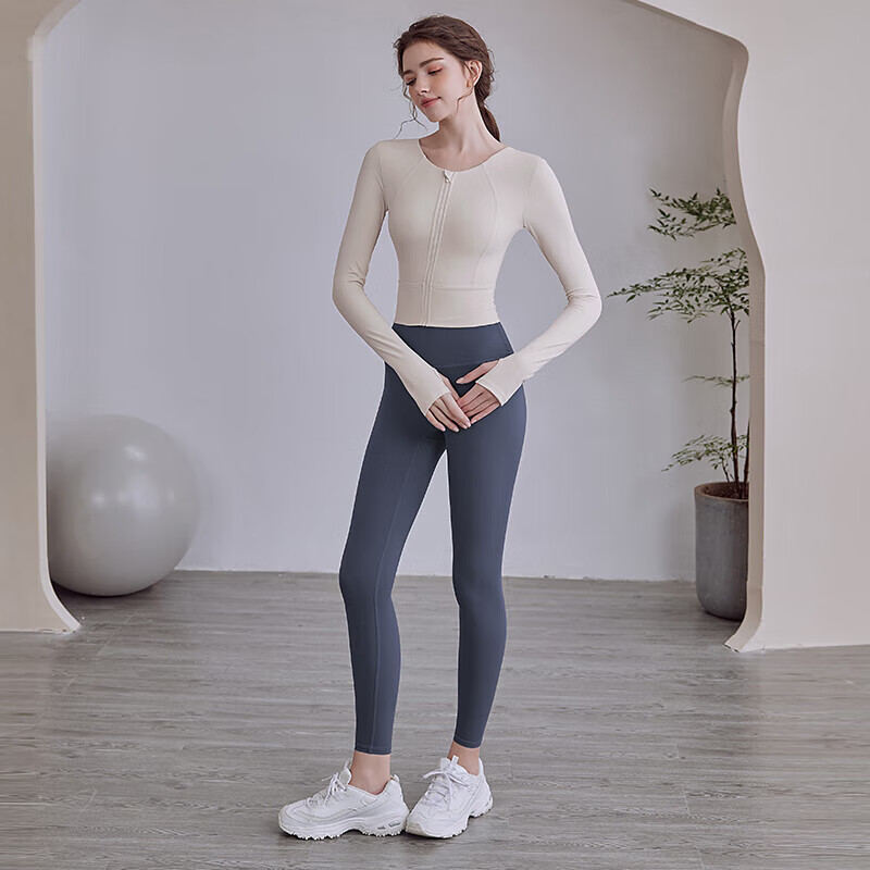 LULULOMDDW2025秋冬新款帶胸墊瑜伽服上衣女美背健身衣運動普拉提套裝長袖 藍灰色束腿褲 L