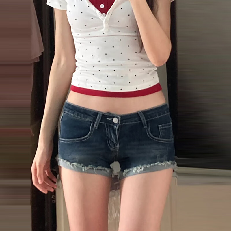 宮柒尓顯腿長(zhǎng)辣妹熱褲高腰牛仔短褲女緊身性感低腰顯瘦卷邊褲 藍(lán)色 S