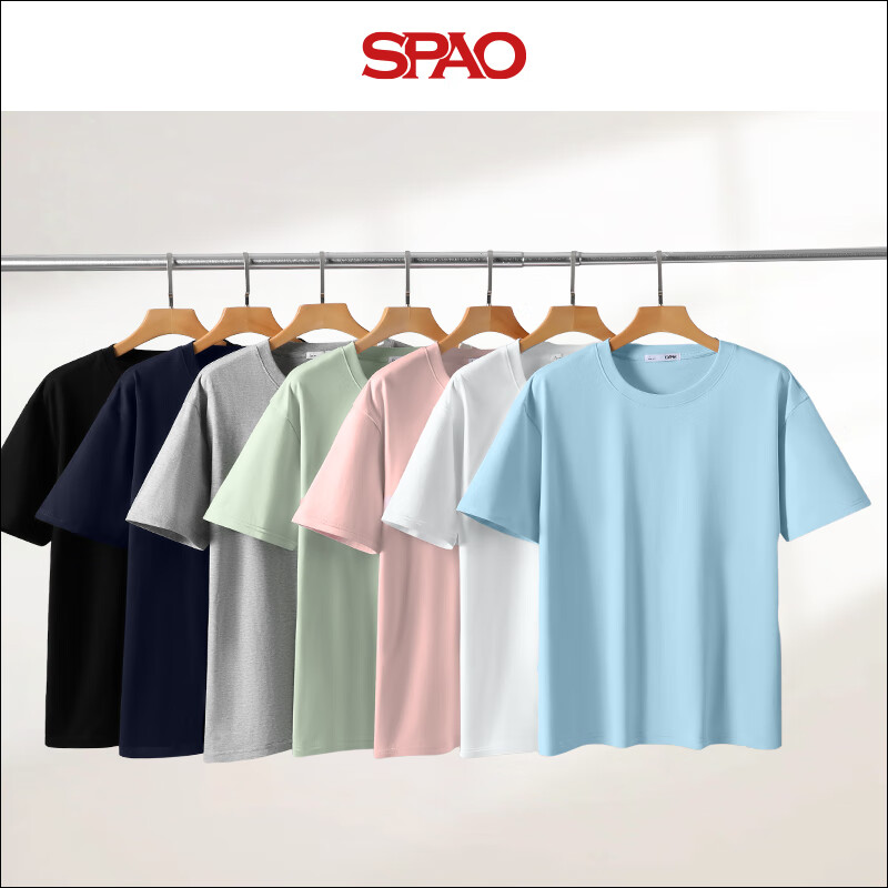 SPAO210g纯棉圆领短款短袖T恤男女同款夏季新款休闲衣服SPDX25SD01XY 天蓝 #纯色 M