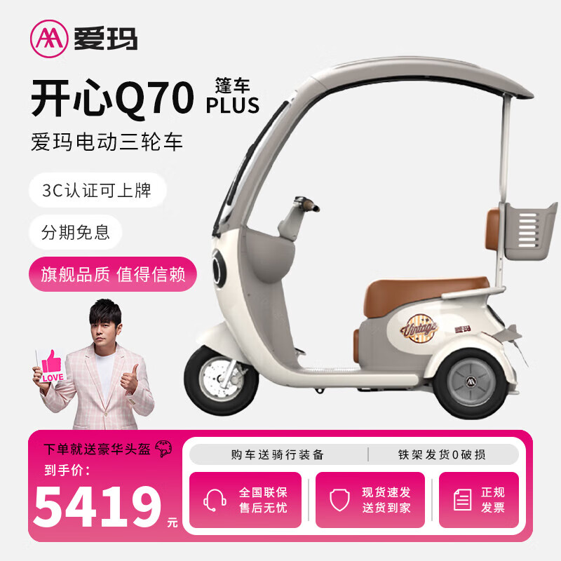 愛瑪（AIMA）三輪車電動(dòng)車棚車小型家用老年人電三輪接送孩子電瓶車開心棚車 【麥冬灰】60V25AH石墨烯電池