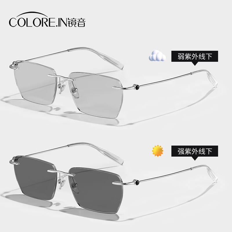 蔡司（ZEISS）超轻无框变色太阳镜男日夜两用开车驾驶眼镜户外防晒防紫外线墨镜 银色无框 | 近视太阳镜 配colorein镜片平光防蓝光 无度数