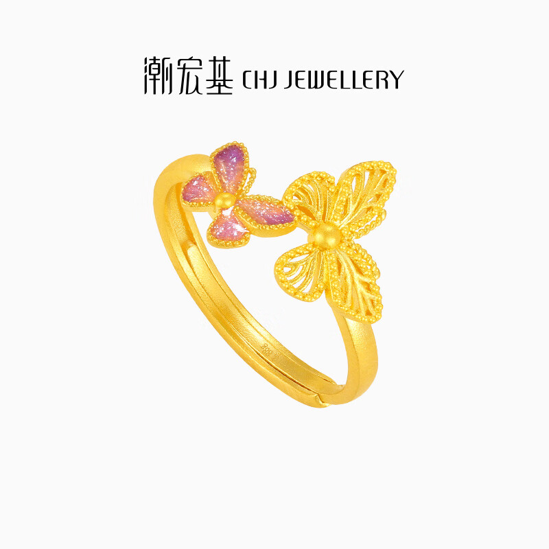 潮宏基 花韵蝴蝶黄金戒指女足金戒圈手饰九紫离火送女友生日礼物 计价 3.85g 活圈口