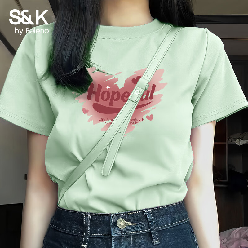 班尼路S&K纯棉宽松短袖T恤女2026年夏季女装新款潮流时尚休闲简约上衣 水绿#粉红破碎心 L