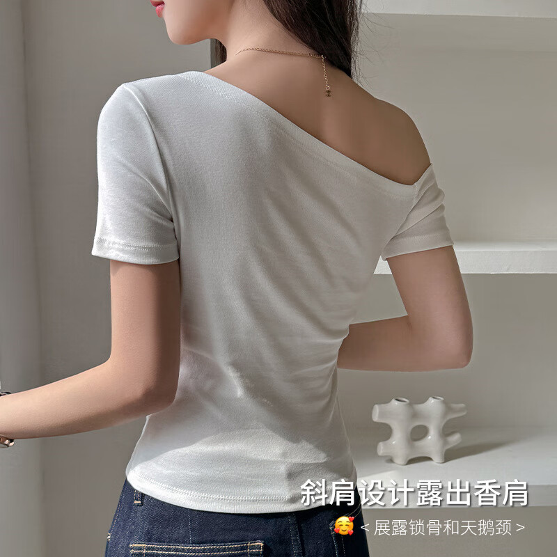 莫代尔辣妹一字领露斜肩短袖t恤女内搭修身显瘦打底弹力上衣T恤衫 黑色 M (适合体重95-115斤