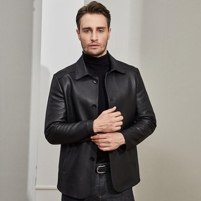 雪豹【鹿皮】男士真皮皮衣頭層鹿皮翻領(lǐng)中長款商務(wù)休閑皮夾克外 均碼 48(170/92A)