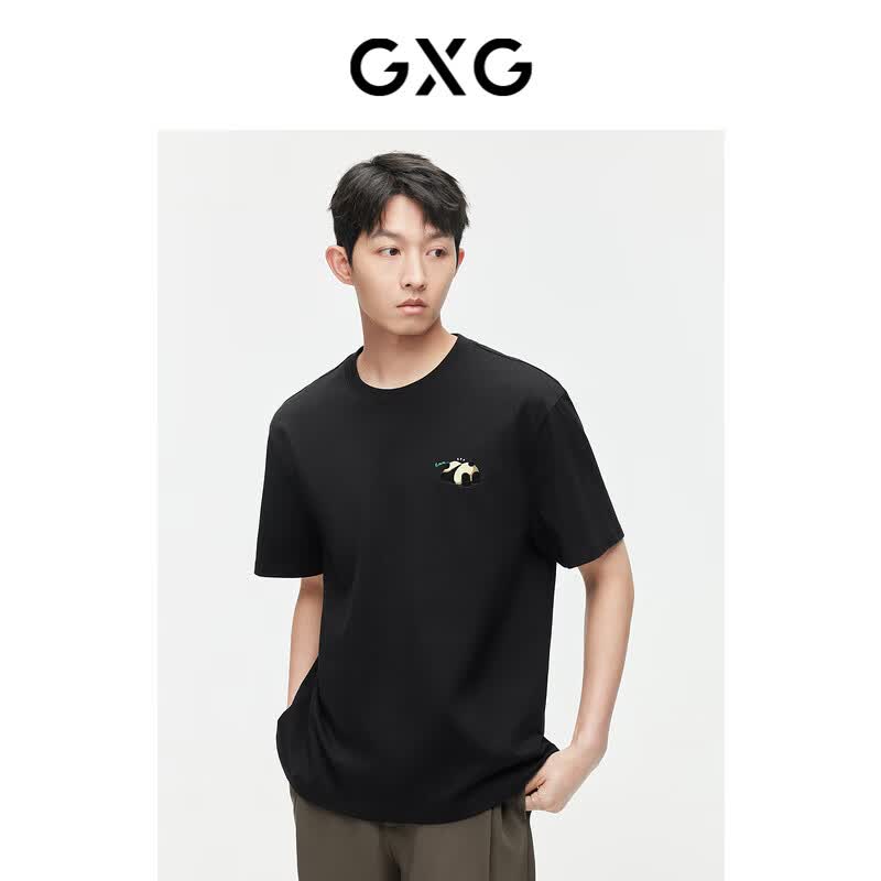 GXG男装2024年夏新品纯棉熊猫贴布情侣圆领短袖 黑色 170/M