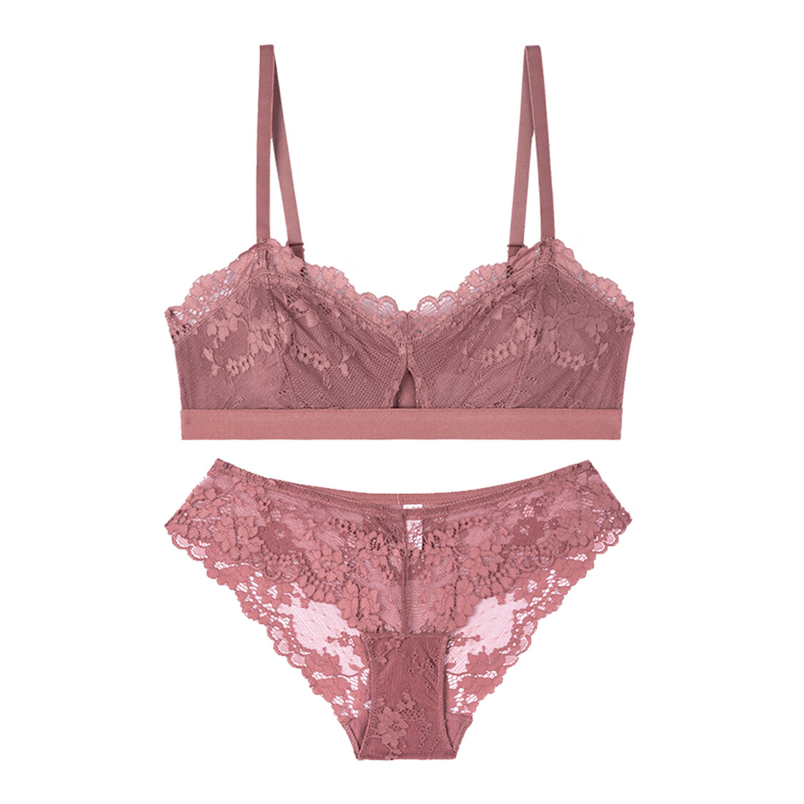 弗利少女法式蕾丝内衣女士抹胸式无钢圈文胸套装性感超薄胸罩小胸 豆沙红-套装【内裤可备注尺码】 M (适合75AA/A/B)