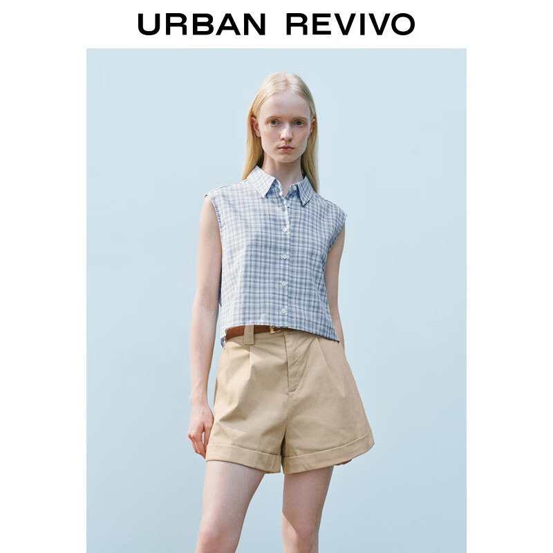 UR2025夏季新款女装撞色格纹纽扣无袖开襟衬衫UYY250028 天蓝格子 S