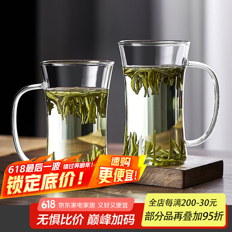 青苹果专用绿茶杯大容量水杯女士泡花茶玻璃杯高颜值带把手家用杯子单层 春意绿茶杯白把/2只