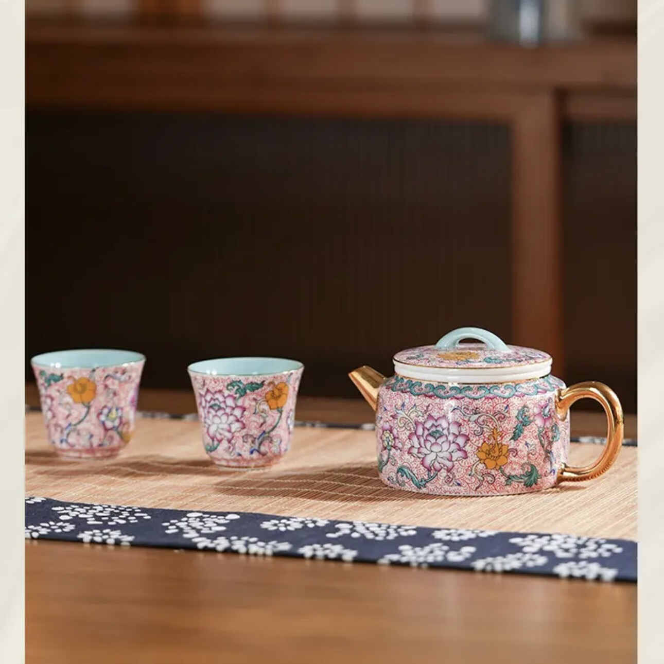 成艺珐琅莲韵汉瓦壶三入茶具套装陶瓷茶具套装珐琅彩泡茶壶品茗杯高端 粉色