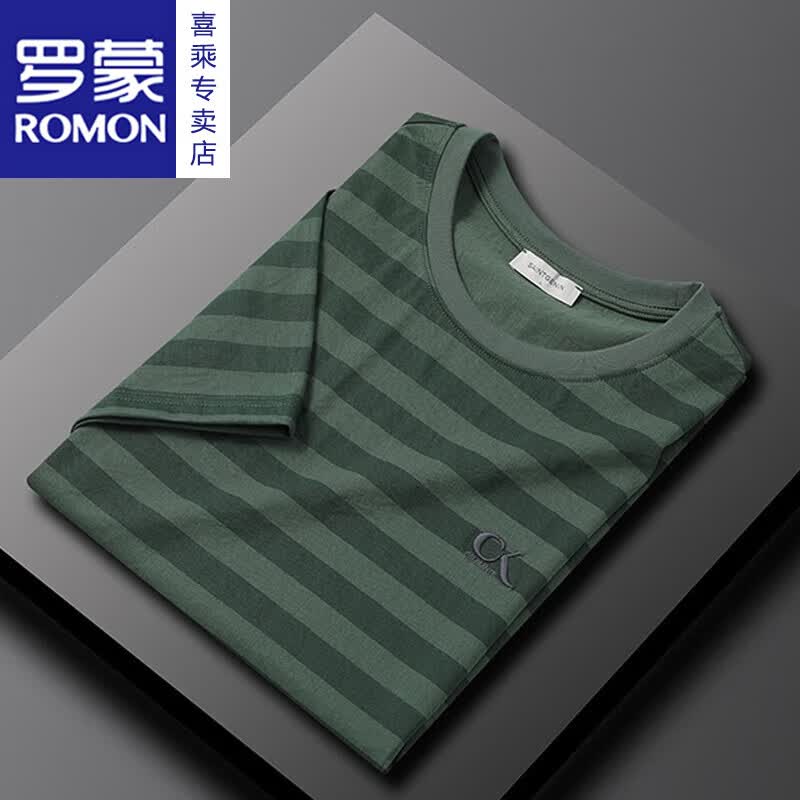 罗蒙(ROMON)仿棉麻潮流夏季透气薄款青年短袖T恤男2026条纹刺绣上衣新品 杏色 M