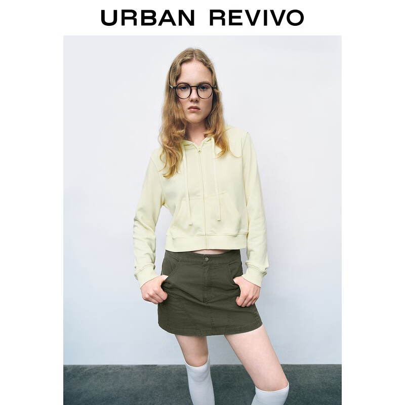 UR2026春季新款女休闲连帽抽绳拉链宽松外套UYY150053+ 粉白 M