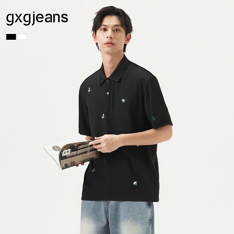 gxgjeans男装 多色满身刺绣休闲时尚通勤翻领短袖polo衫25夏新品 黑色 XL