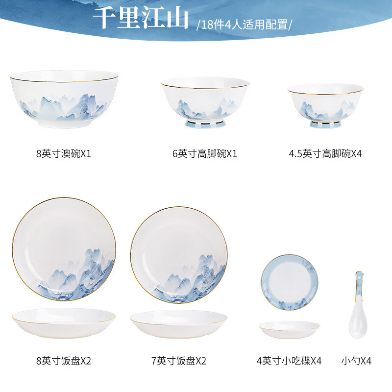 紅牡丹唐山骨瓷餐具禮盒裝碗碟套裝家用中式輕奢釉中彩碗盤(pán)組合禮品批發(fā) 千里江山【禮盒裝】 18頭 標準