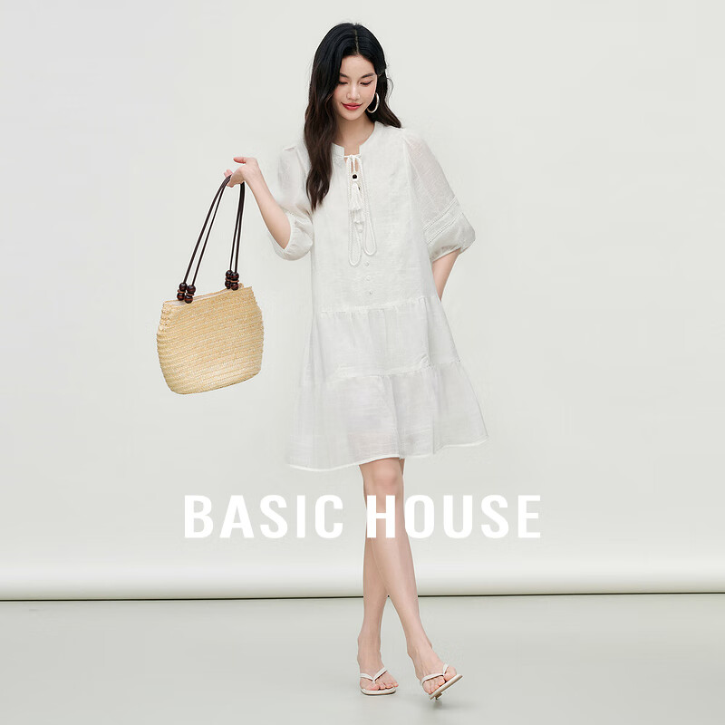 Basic House/百家好莱赛尔蕾丝v领连衣裙夏季新款镂空中长款裙子 白色 L