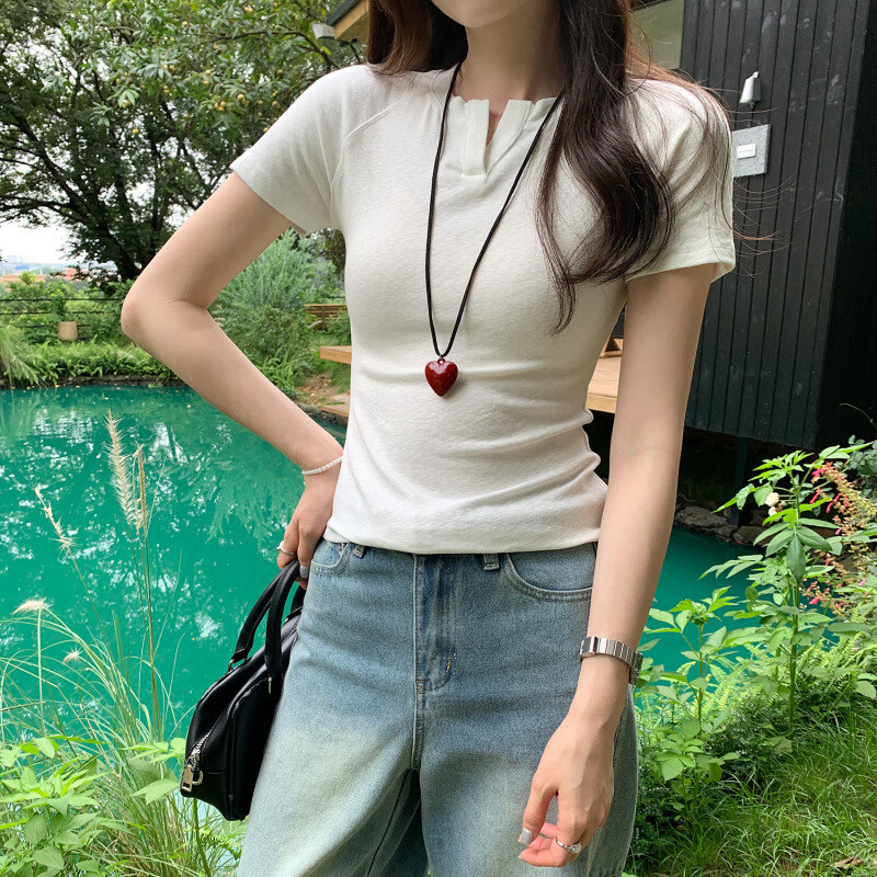 别致V领正肩短袖T恤女2025新款修身显瘦超好看绝美夏日小上衣 粉色 XL