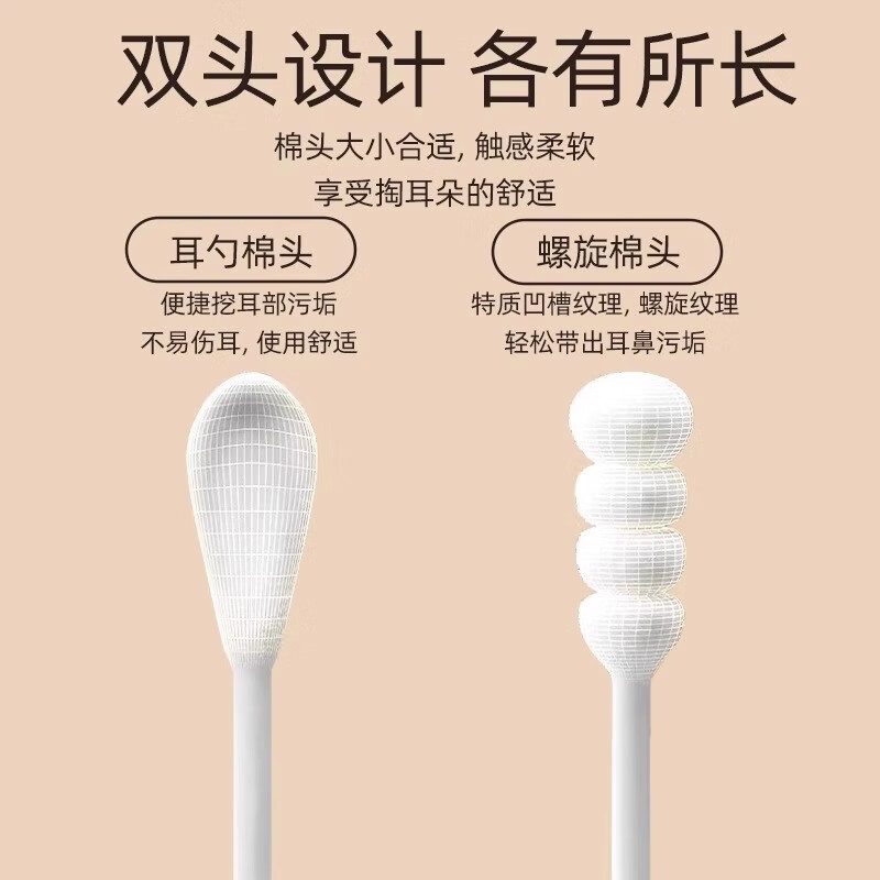 棉带微笑掏耳朵专用棉签棉花棒双头家用一次性挖耳勺婴儿宝宝新生儿童棉棒 棉棒耳勺 白色1盒约100支