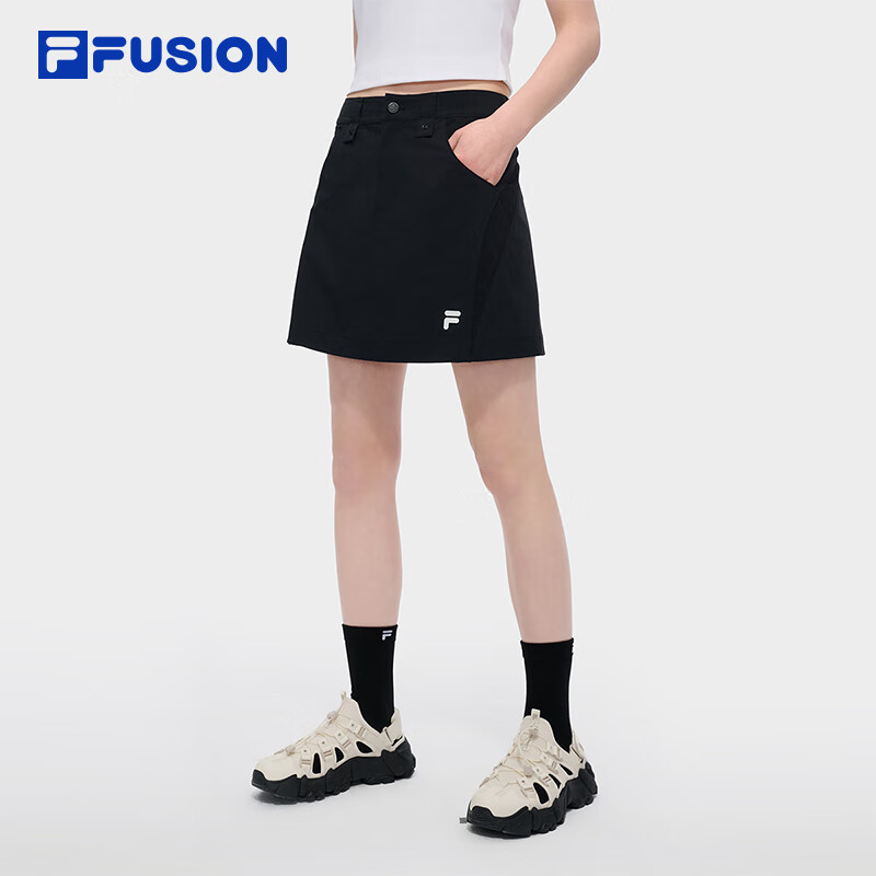 FILA FUSION斐乐新机服女子梭织裙2025夏季新款时尚休闲吊带半身裙 正黑色-BK M 165/66A/M