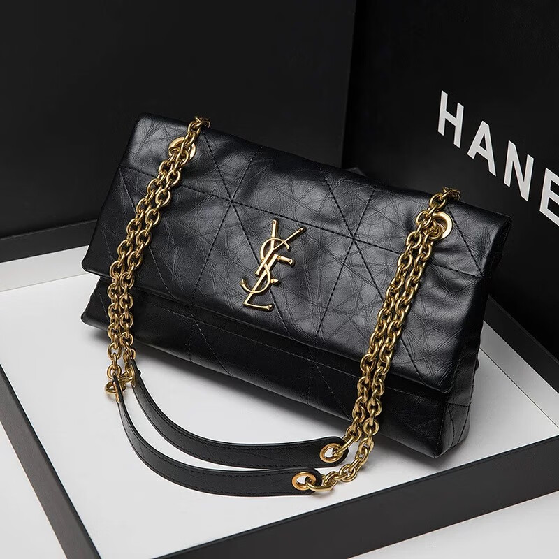 复古林杨树链条包包2025菱格新款斜挎包真皮女包单肩腋下女士 黑色现货