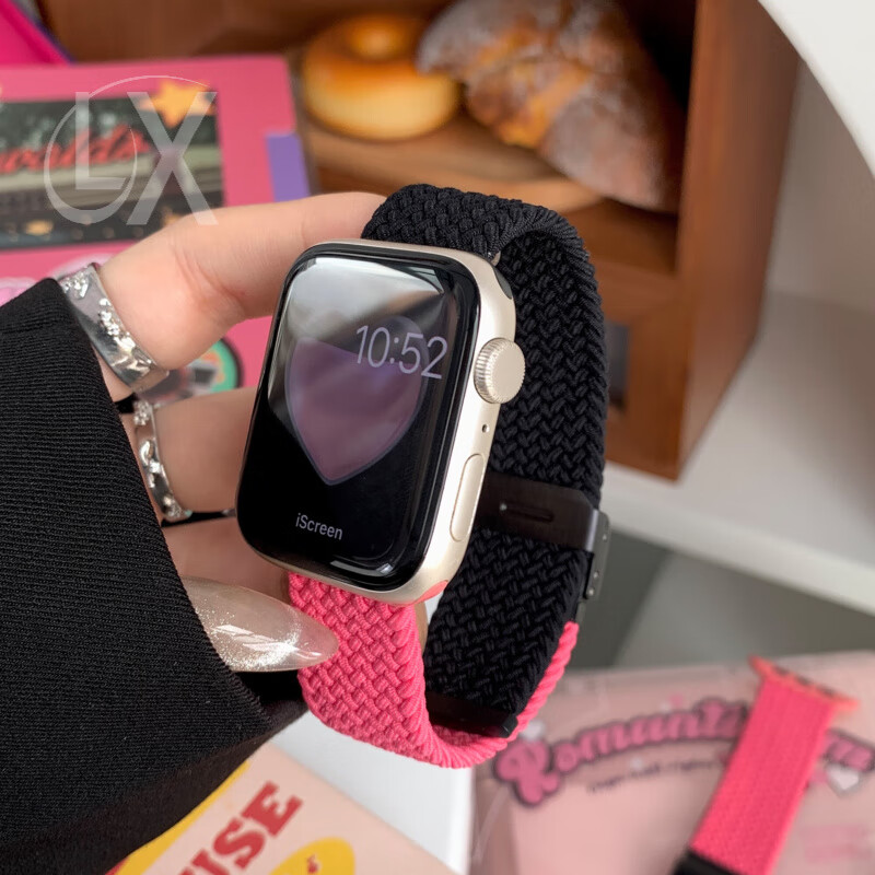 适用S11苹果手表表带尼龙编织简约拼色s10运动腕带applewatch678磁吸扣iwatchs9透气SE情侣Ultra2 编织黑扣黑配绛樱桃紫 适用s10/s11通用 42mm